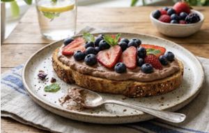 Tostada de queso fresco batido, proteína y fruta